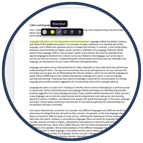 A screenshot of a document discussing the interdependence and interconnectedness of language and culture. The highlighted text and editing toolbar are visible. A screenshot of a document discussing the interdependence and interconnectedness of language and culture. The highlighted text and editing toolbar are visible.