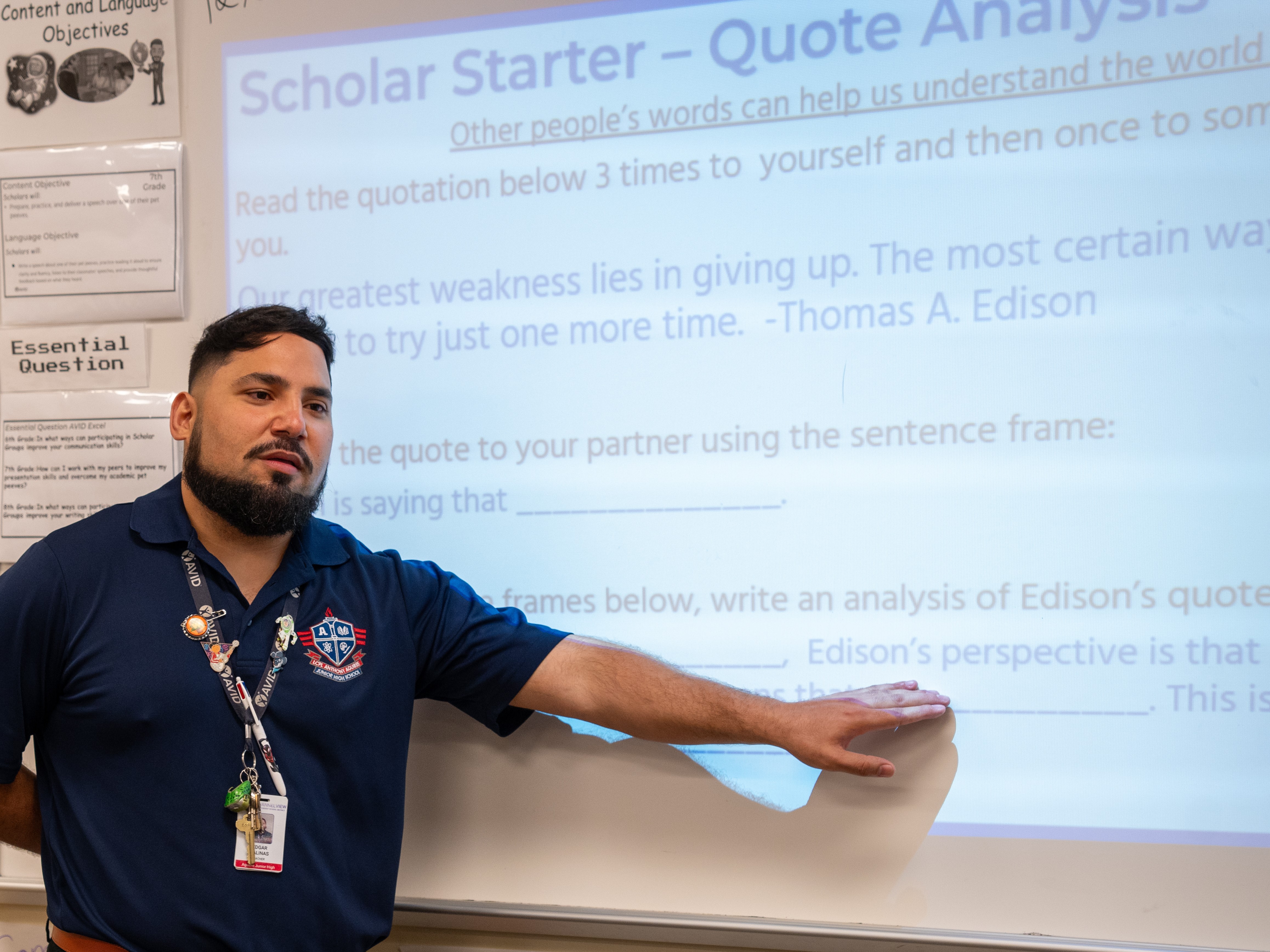 AVID Excel teacher beginning the class with a Scholar Starter.