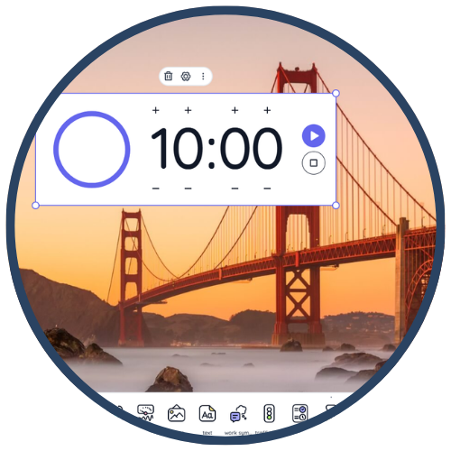 Circular user interface design with a countdown timer set to 10:00, placed over an image of a large suspension bridge during sunset.