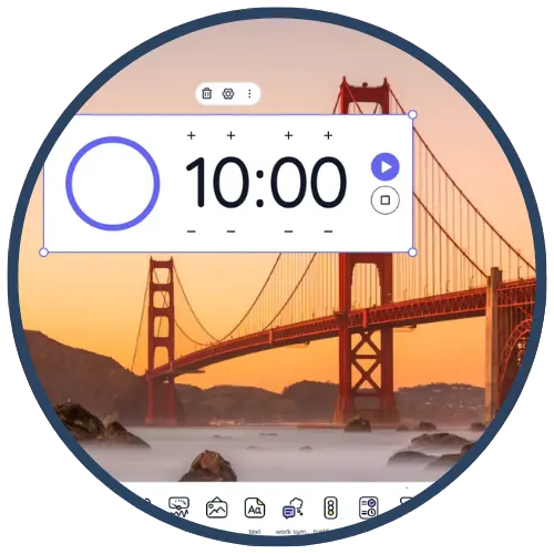 Circular user interface design with a countdown timer set to 10:00, placed over an image of a large suspension bridge during sunset. Circular user interface design with a countdown timer set to 10:00, placed over an image of a large suspension bridge during sunset.