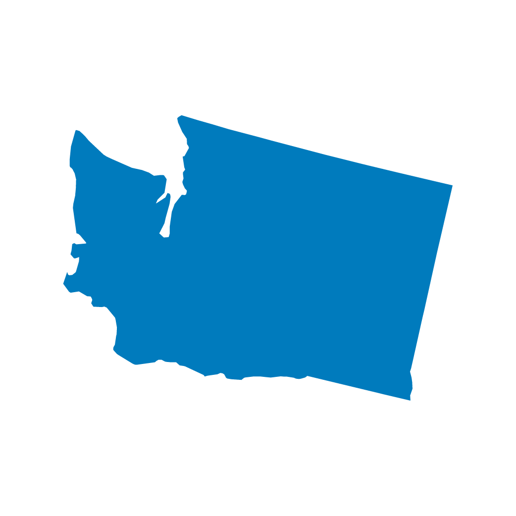 Silhouette of Washington state in blue on a black background.
