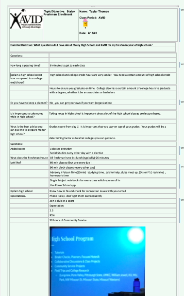 A detailed educational document outlining important questions and answers related to Staley High School and AVID program for a freshman year of high school, along with essential expectations and notes for incoming students.