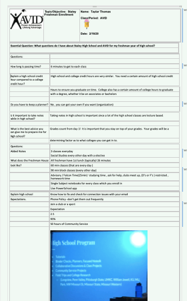 A detailed educational document outlining important questions and answers related to Staley High School and AVID program for a freshman year of high school, along with essential expectations and notes for incoming students. A detailed educational document outlining important questions and answers related to Staley High School and AVID program for a freshman year of high school, along with essential expectations and notes for incoming students.