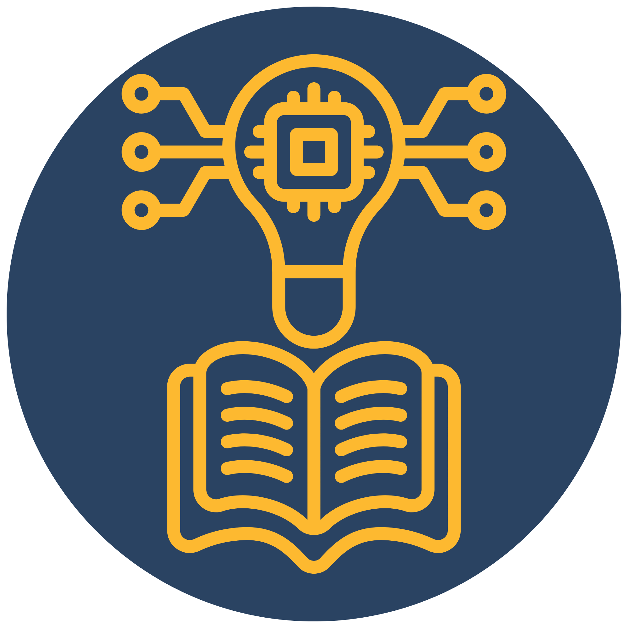 Illustration of a light bulb with a microchip inside, connected by lines to an open book, all in yellow on a blue background.