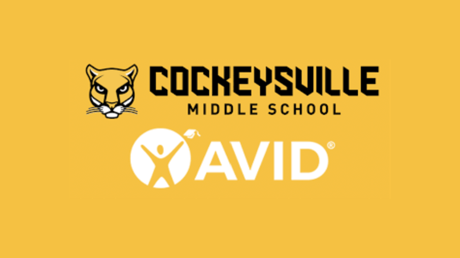 Logo image of Cockeysville Middle School featuring a cougar mascot and the AVID program on a yellow background.
