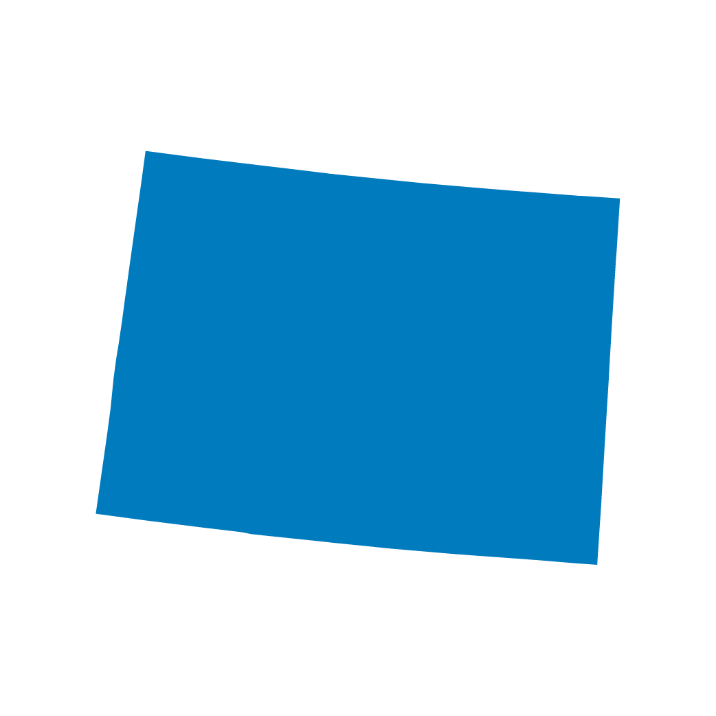 Blue silhouette of the state of Colorado on a black background.