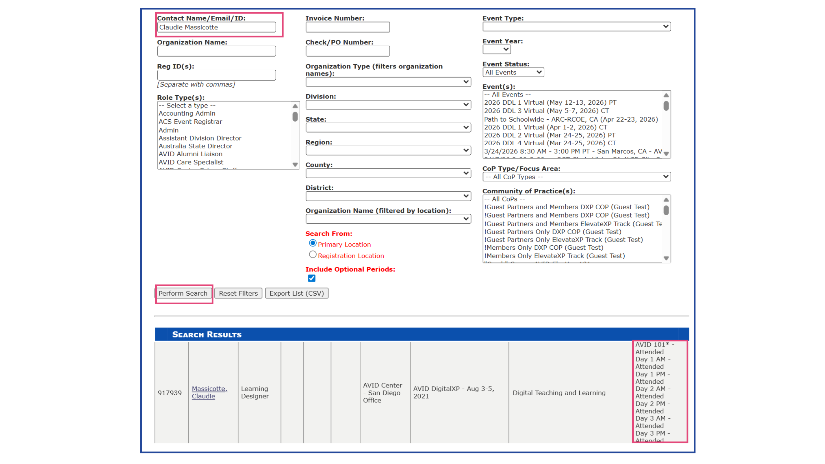 A screenshot of a database search interface with various filter options including contact name, organization name, role type, event type, and more. It displays search results at the bottom, listing individuals along with their roles, organizations, and associated events.