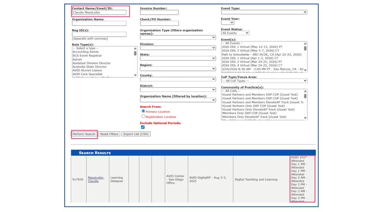 A screenshot of a database search interface with various filter options including contact name, organization name, role type, event type, and more. It displays search results at the bottom, listing individuals along with their roles, organizations, and associated events. A screenshot of a database search interface with various filter options including contact name, organization name, role type, event type, and more. It displays search results at the bottom, listing individuals along with their roles, organizations, and associated events.