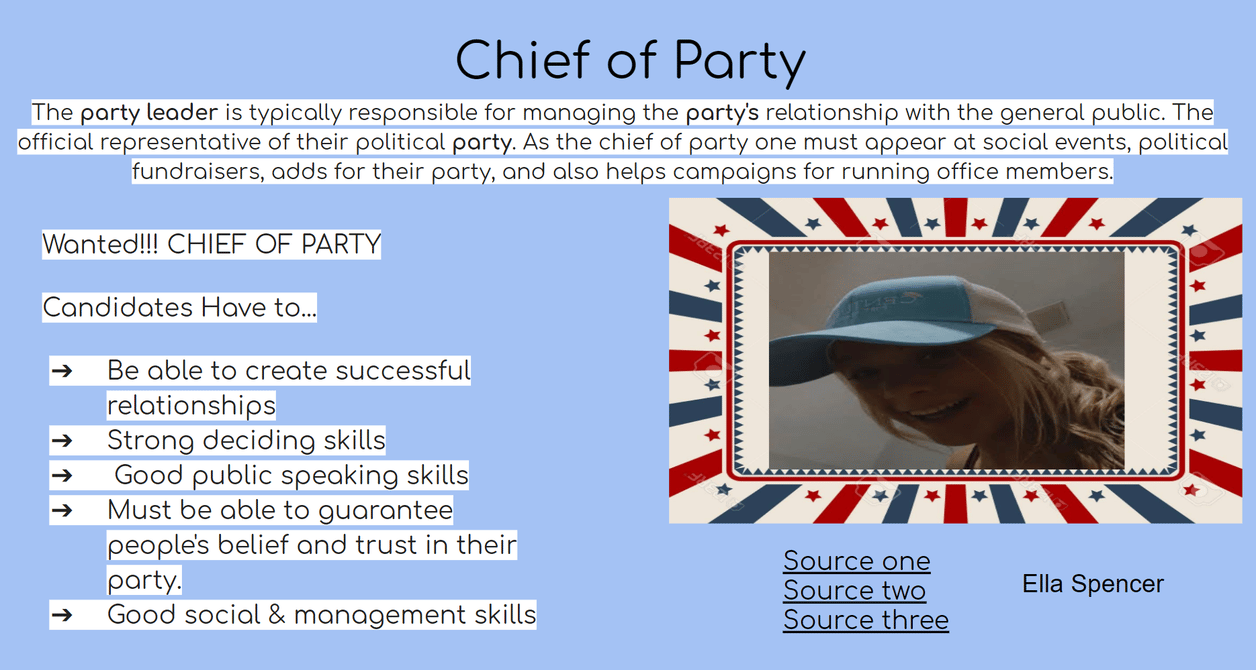 Poster titled 'Chief of Party' describing the responsibilities and skills needed for the role, with a framed photo and sources listed at the bottom. Poster titled 'Chief of Party' describing the responsibilities and skills needed for the role, with a framed photo and sources listed at the bottom.