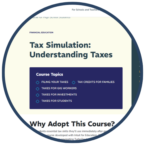 A webpage capturing a course on tax simulation and understanding taxes, highlighting various course topics such as filing taxes, tax credits for families, taxes for gig workers, taxes for investments, and taxes for students.