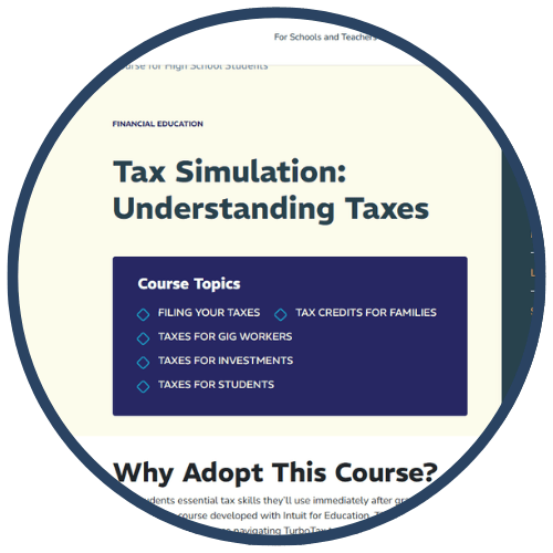 A webpage capturing a course on tax simulation and understanding taxes, highlighting various course topics such as filing taxes, tax credits for families, taxes for gig workers, taxes for investments, and taxes for students. A webpage capturing a course on tax simulation and understanding taxes, highlighting various course topics such as filing taxes, tax credits for families, taxes for gig workers, taxes for investments, and taxes for students.