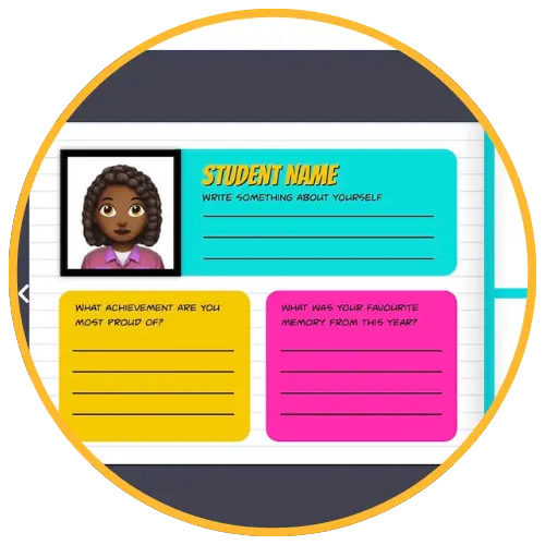 Student profile template with sections labeled: 'Student Name', 'Write something about yourself', 'What achievement are you most proud of?', and 'What was your favourite memory from this year?'. Student profile template with sections labeled: 'Student Name', 'Write something about yourself', 'What achievement are you most proud of?', and 'What was your favourite memory from this year?'.