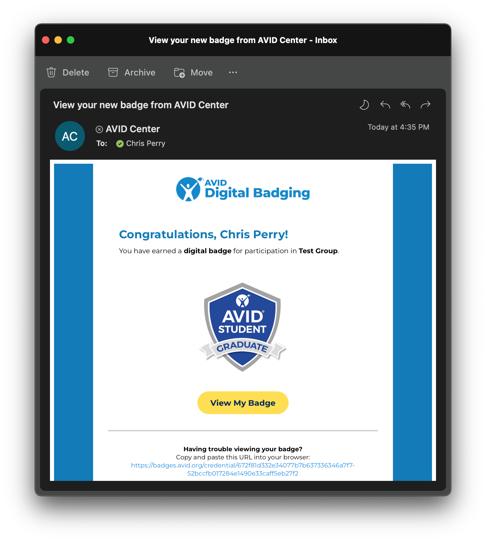 Email notification from AVID Center showing a congratulatory message with a digital badge link for participation in a test group.