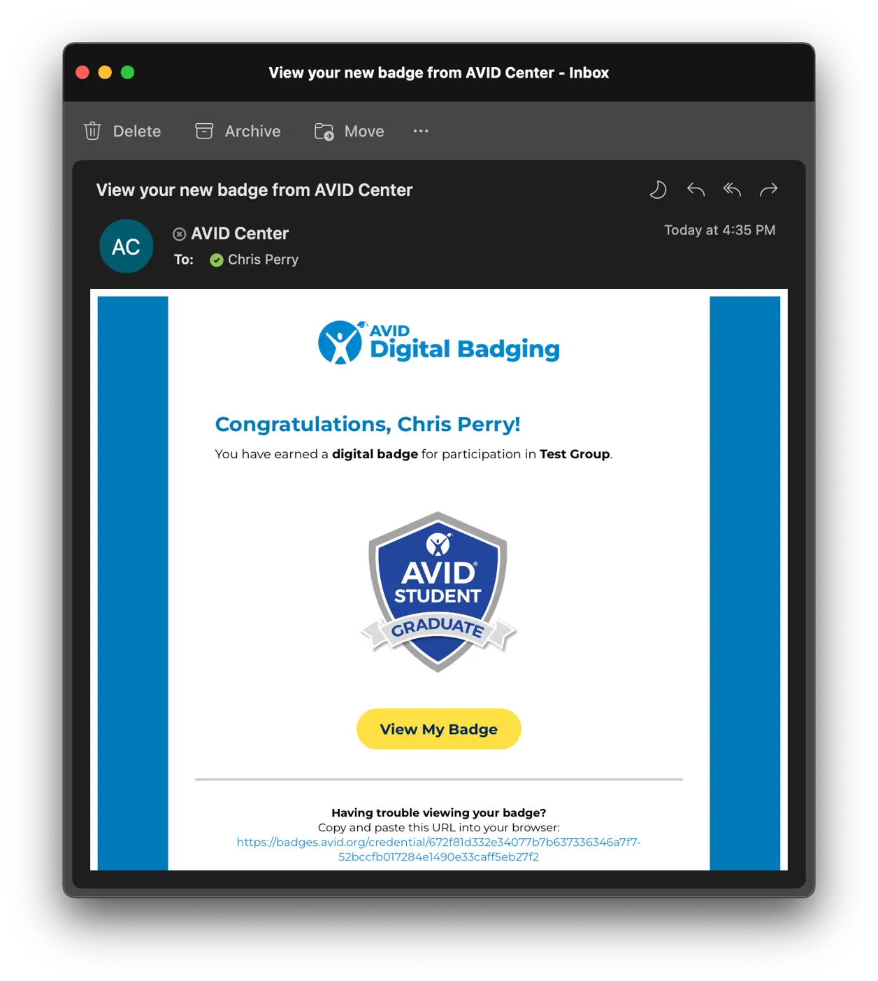 Email notification from AVID Center showing a congratulatory message with a digital badge link for participation in a test group. Email notification from AVID Center showing a congratulatory message with a digital badge link for participation in a test group.