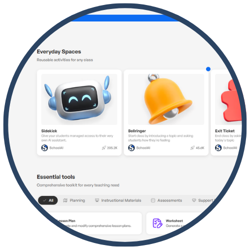 Screenshot of an educational platform showcasing various tools and activities, including a robot icon labeled 'Sidekick', a bell icon labeled 'Bellringer', and a red puzzle piece icon labeled 'Exit Ticket'.