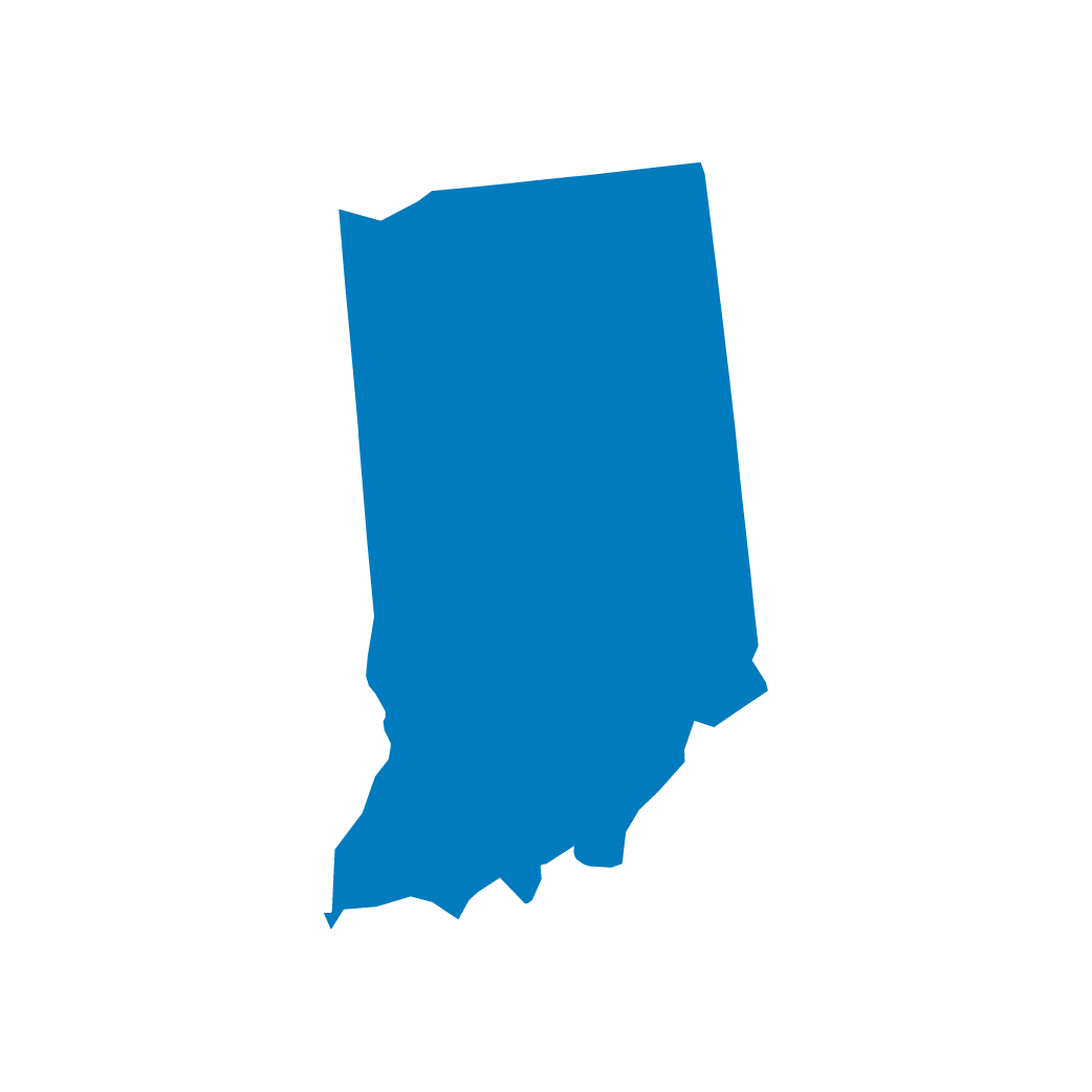 Silhouette outline of the state of Indiana in blue color on a black background.