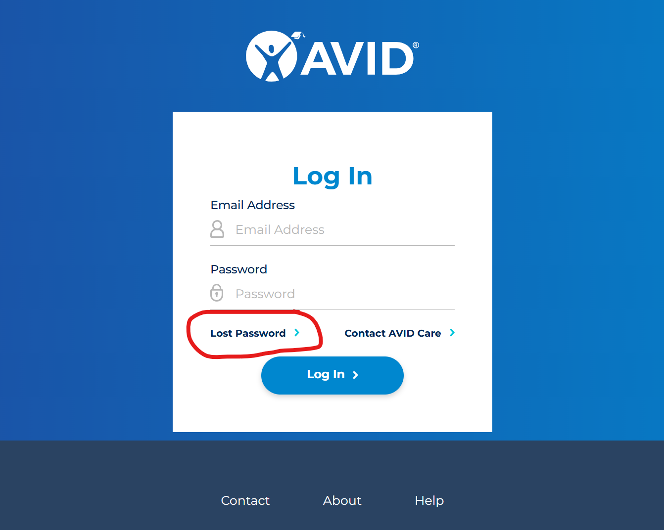 A login screen for the AVID platform with email and password fields, containing a highlighted 'Lost Password' link.
