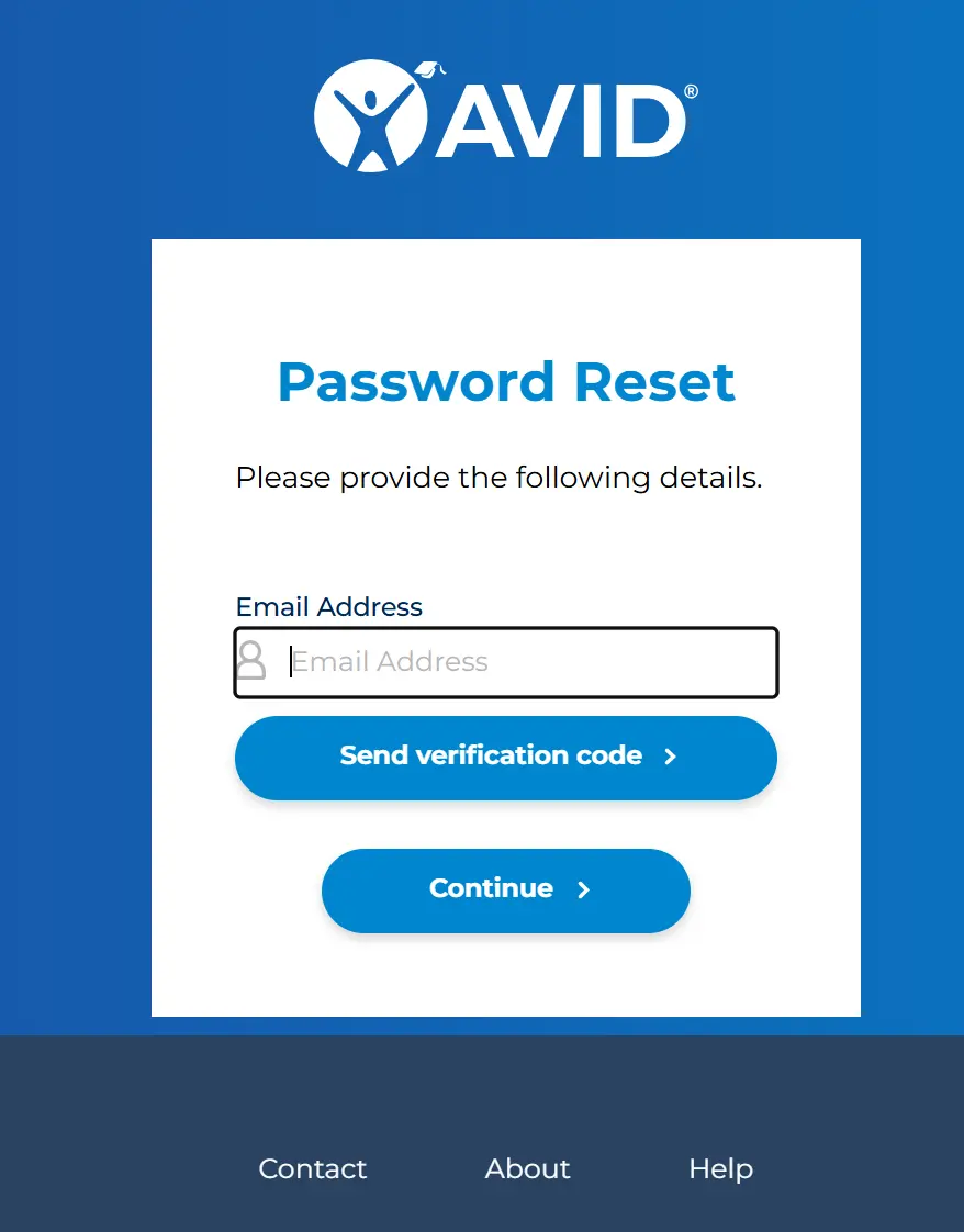 A password reset page for AVID with options to send a verification code to the entered email address and continue to the next step. A password reset page for AVID with options to send a verification code to the entered email address and continue to the next step.