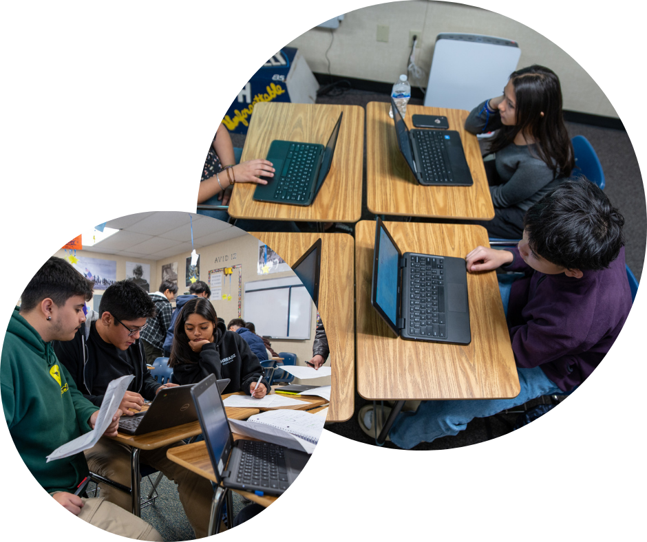 Students engaged in classroom activities, using laptops and collaborating at desks, photographed from different angles.