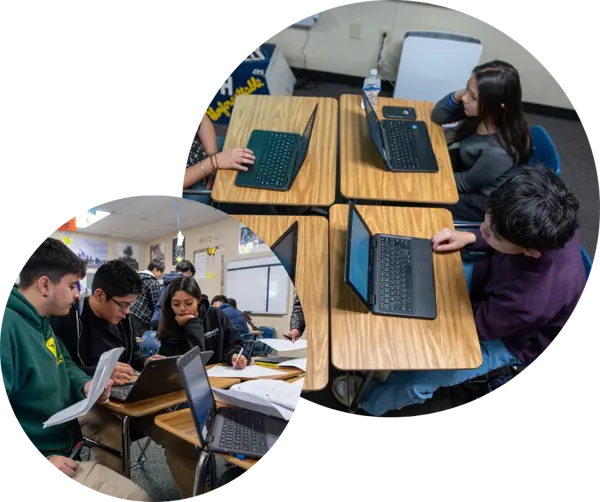 Students engaged in classroom activities, using laptops and collaborating at desks, photographed from different angles. Students engaged in classroom activities, using laptops and collaborating at desks, photographed from different angles.