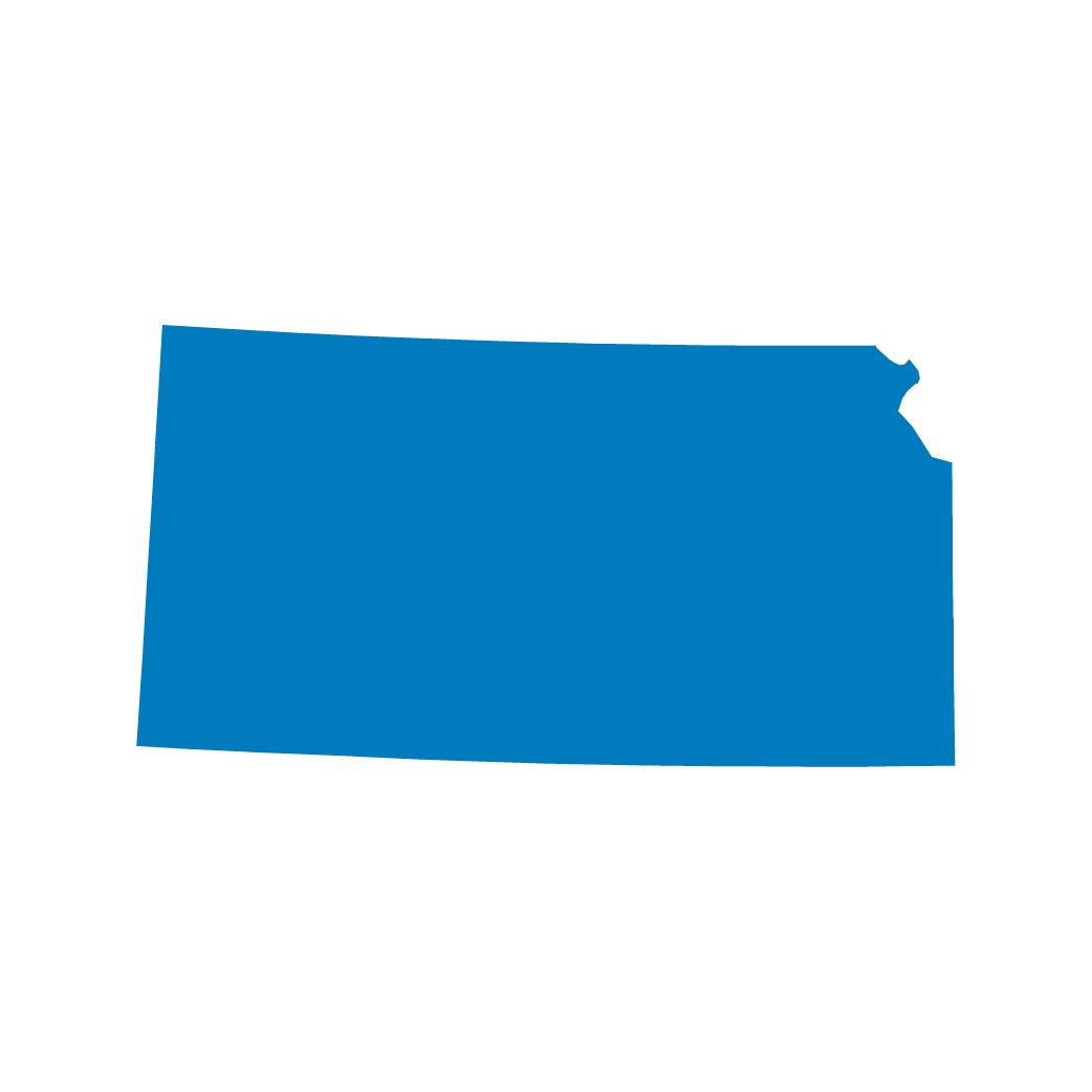 Blue silhouette of the US state of Kansas on a white background.