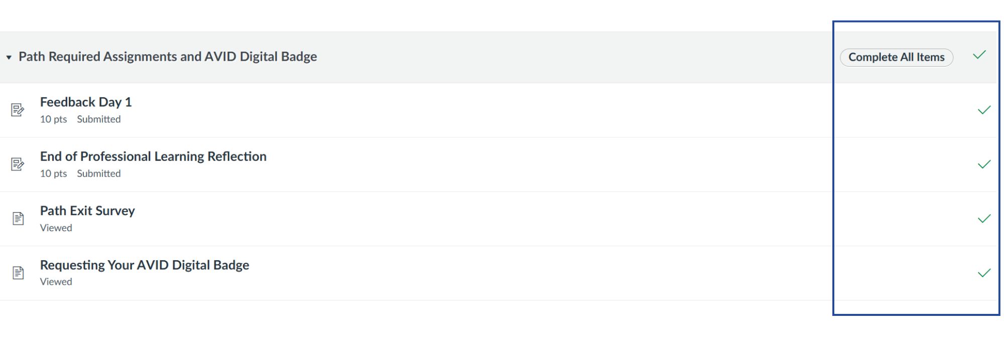 A list of assignments with their titles and status, including points and completion details, shown on a digital platform.