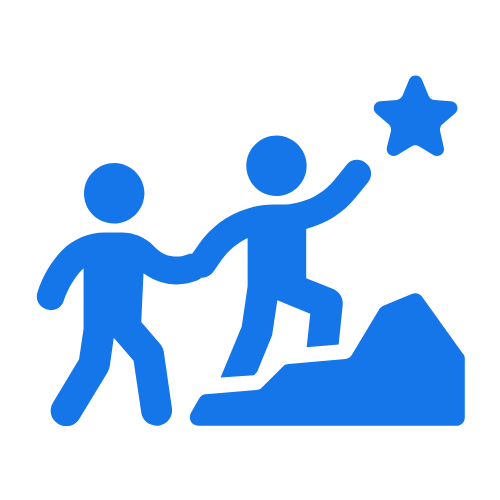 An icon depicting two simplified human figures, one helping the other to reach for a star.