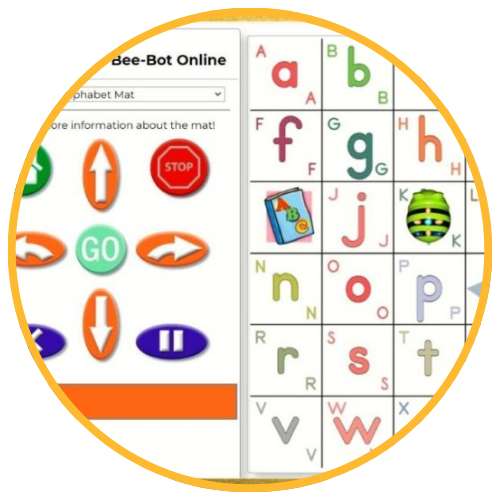 A screen divided into two sections. The left section has various control buttons including arrows and a STOP button. The right section displays a grid with letters arranged in random order.