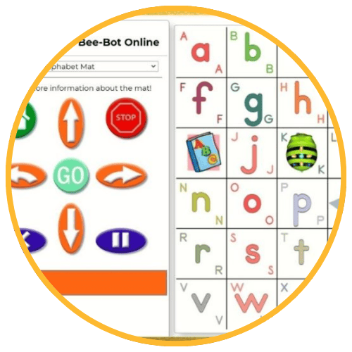 A screen divided into two sections. The left section has various control buttons including arrows and a STOP button. The right section displays a grid with letters arranged in random order. A screen divided into two sections. The left section has various control buttons including arrows and a STOP button. The right section displays a grid with letters arranged in random order.