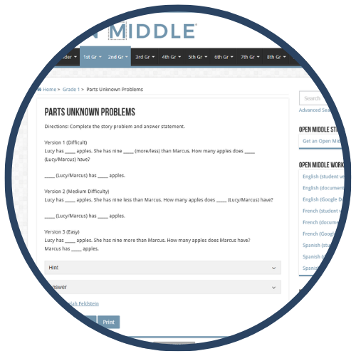 A screenshot of a webpage displaying a math problem titled 'Parts Unknown Problems' with difficulty levels and instructions.