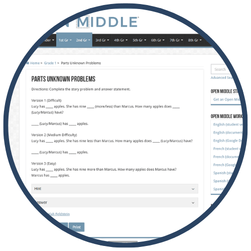 A screenshot of a webpage displaying a math problem titled 'Parts Unknown Problems' with difficulty levels and instructions. A screenshot of a webpage displaying a math problem titled 'Parts Unknown Problems' with difficulty levels and instructions.