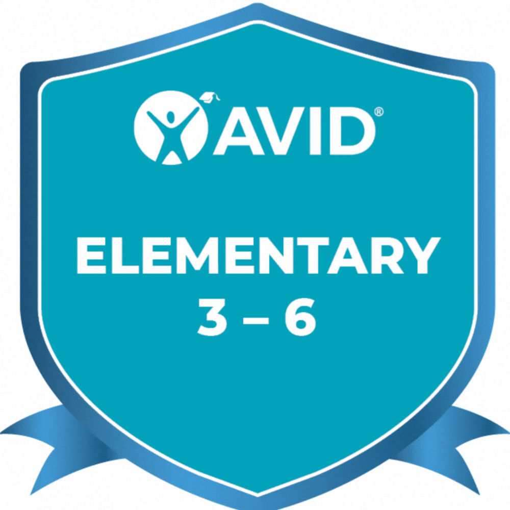 A blue shield-shaped badge with the text 'AVID' and 'ELEMENTARY 3-6' and a blue ribbon at the bottom.
