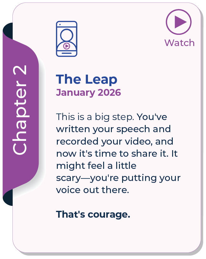 The Leap, January 2026. A motivational message encouraging individuals to share their recorded video and speech.