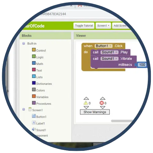 A screenshot of a coding interface with block-based programming elements displayed in a circular highlight. A screenshot of a coding interface with block-based programming elements displayed in a circular highlight.