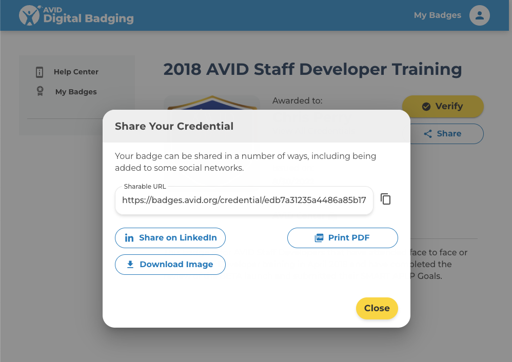 Screenshot of the 2018 AVID Staff Developer Training badge sharing options, including social network sharing and downloadable PDF.