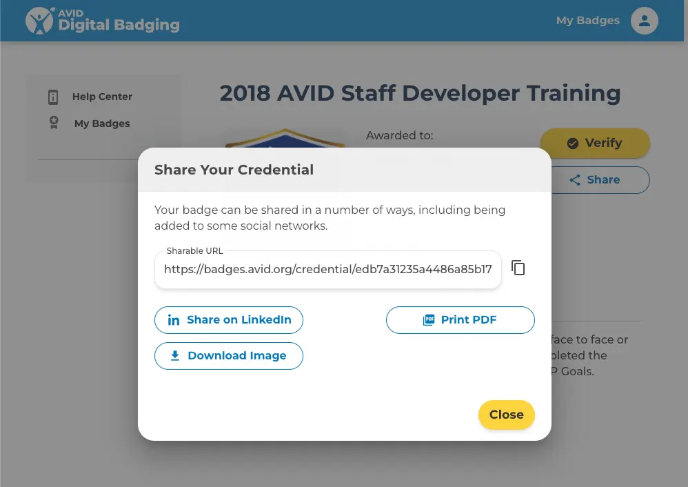 Screenshot of the 2018 AVID Staff Developer Training badge sharing options, including social network sharing and downloadable PDF. Screenshot of the 2018 AVID Staff Developer Training badge sharing options, including social network sharing and downloadable PDF.