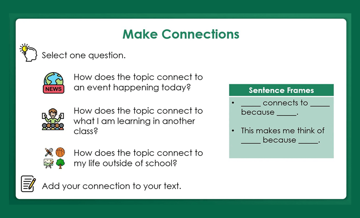 Graphic showing connection prompts and sentence frames for making personal and topical connections. Graphic showing connection prompts and sentence frames for making personal and topical connections.