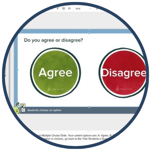 A screenshot of an online slide presentation with two buttons, one green labeled 'Agree' and one red labeled 'Disagree', along with a prompt asking 'Do you agree or disagree?'.