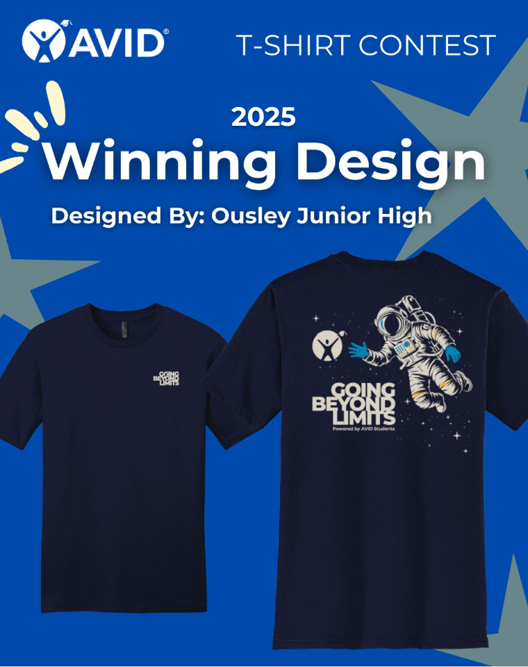 Image of a winning t-shirt design for AVID's 2025 contest. The front of the shirt has the text 'Going Beyond Limits,' and the back features an astronaut graphic with the same text.