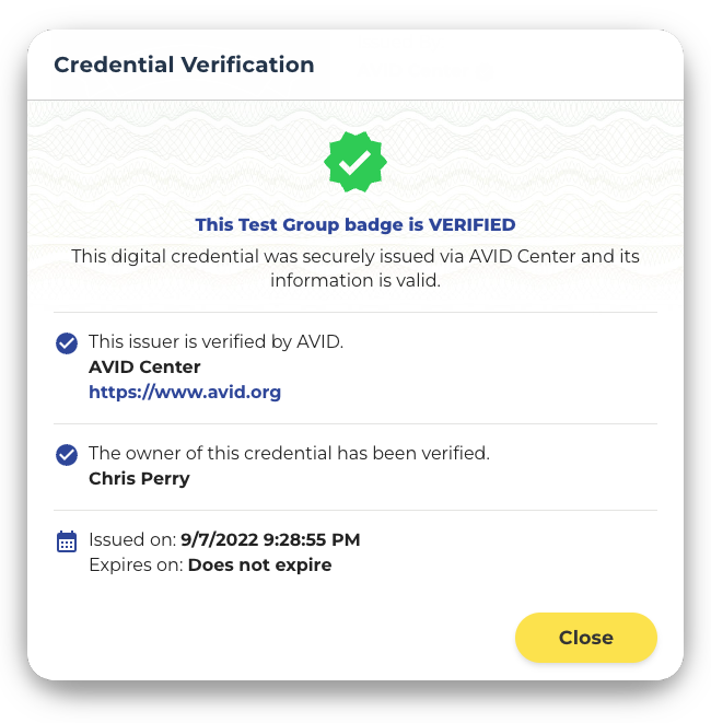 Credential Verification page that confirms the digital credential is verified by AVID Center. It contains check marks next to the issuer AVID Center website link and the credential owner's name. The issuance date and time are displayed along with the non-expiry status.