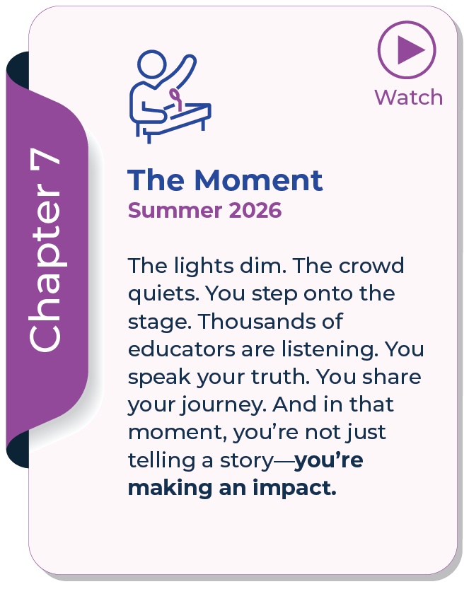 A card with Chapter 7 label, titled The Moment Summer 2026, and an illustration of a person speaking at a podium. There is a play button with Watch text. The card includes a description about speaking truth and making an impact.
