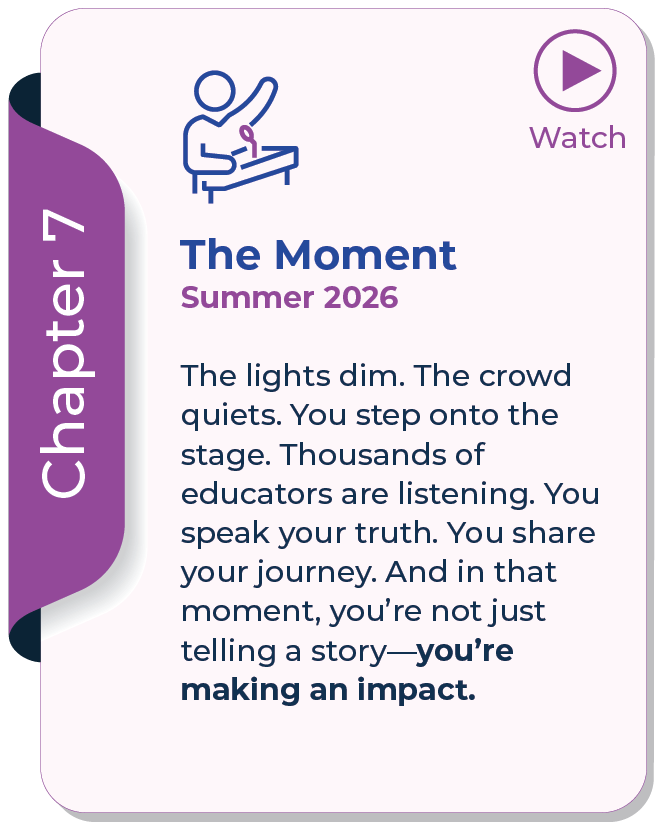 A card with Chapter 7 label, titled The Moment Summer 2026, and an illustration of a person speaking at a podium. There is a play button with Watch text. The card includes a description about speaking truth and making an impact. A card with Chapter 7 label, titled The Moment Summer 2026, and an illustration of a person speaking at a podium. There is a play button with Watch text. The card includes a description about speaking truth and making an impact.
