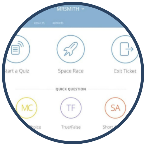 A screenshot of an educational application interface displaying options such as Start a Quiz, Space Race, Exit Ticket, Multiple Choice, True/False, and Short Answer.
