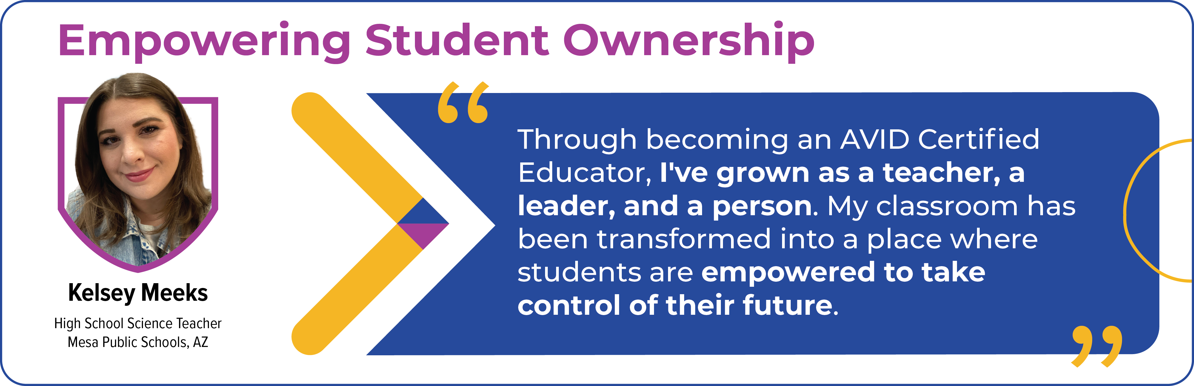 Banner featuring a quote about empowering student ownership with a picture of a person and their name and designation as a high school science teacher from Mesa Public Schools, AZ.