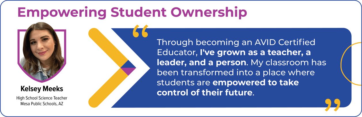 Banner featuring a quote about empowering student ownership with a picture of a person and their name and designation as a high school science teacher from Mesa Public Schools, AZ. Banner featuring a quote about empowering student ownership with a picture of a person and their name and designation as a high school science teacher from Mesa Public Schools, AZ.