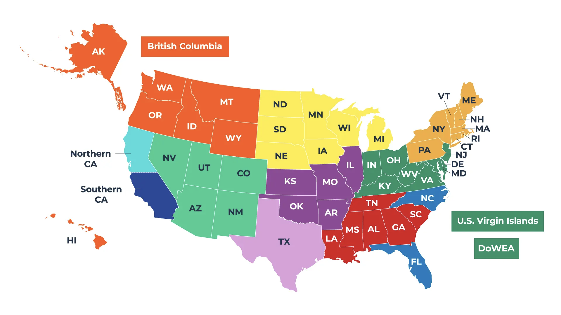 A color-coded map of the United States of America with state abbreviations and labeled regions, accompanied by a sidebar of headshot images with names.
