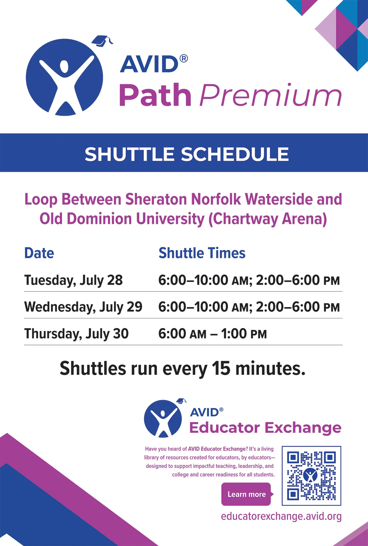 A poster for AVID Path Premium Shuttle Schedule displaying shuttle times between Sheraton Norfolk Waterside and Old Dominion University with specific dates and times. A poster for AVID Path Premium Shuttle Schedule displaying shuttle times between Sheraton Norfolk Waterside and Old Dominion University with specific dates and times.