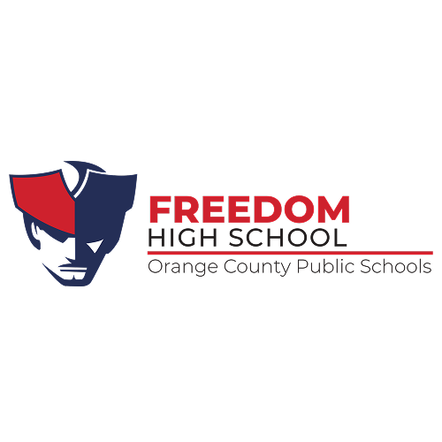 Logo of Freedom High School from Orange County Public Schools showing a stylized head wearing a hat beside the school name.