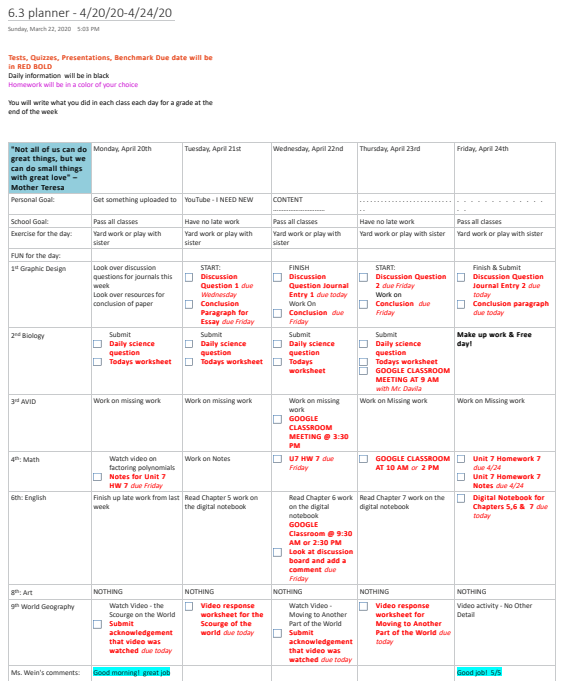 A weekly planner for school assignments and goals, detailing specific tasks and exercises for each day from April 20th to April 24th.