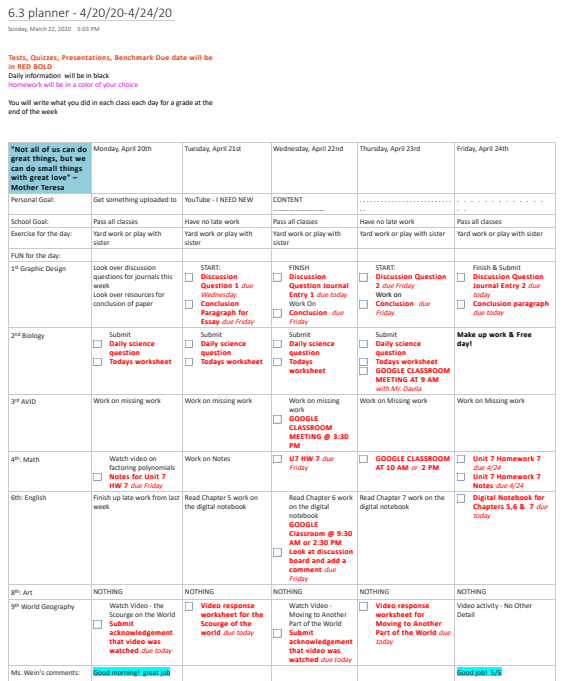 A weekly planner for school assignments and goals, detailing specific tasks and exercises for each day from April 20th to April 24th. A weekly planner for school assignments and goals, detailing specific tasks and exercises for each day from April 20th to April 24th.